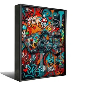 Retro Arcade Gaming Canvas Wall Art - Graffiti Brick Background Poster with Headset & Controller, Cyberpunk Gamer Den Decor with Optional Wood Frame, Gift for Streamerscor Gift for Gamers