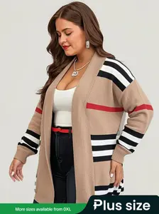 [Plus Size] Striped Print Drop Shoulder Long Cardigan, Casual Long Sleeve Open Front Knitting Knitwear for Fall & Winter, Long Sleeve Knitwear, Gift Set, Womenswear, Women's Plus Clothing for Daily Wear, Fall Women's Clothing, Fall Sweaters