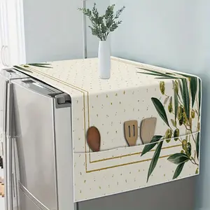 1 piece of olive leaf dot digital printing pattern universal refrigerator cover, Durable Cover, for all seasons, the cover with storage bag is suitable for refrigerators to solve storage problems, and is suitable for kitchens and homes