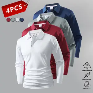 Pack of 4 Men's Long Sleeve Polos - Breathable, Soft, Comfortable Polyester Fabric, Solid Color - Perfect for Casual & Athletic Style in Spring & Fall | Classic Collar Design | Smooth Finish Fabric Menswear Shirts mens shirts Tops Beige mens shirts