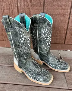 Corral Women's Black and White Cross & Wing Inlay Wide Square Toe Cowgirl Boot A4333