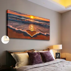 springtok Wooden Framed Canvas Poster,Love Heart Sea Wave Beach Sunset Landscape Painting, Canvas Wall Art, Room Decor Ornaments Photo Decoration Artistic Print