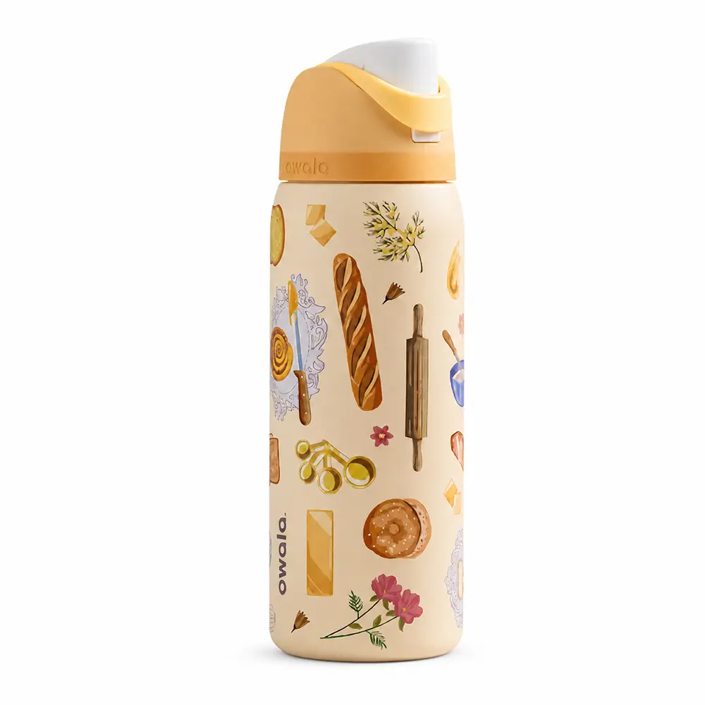 Owala Cream Bakery & Pastry Print Insulated Water Bottle with Built-In Straw, Push-Button Lid & Carry Handle – Cute Baking-Inspired Stainless Steel Bottle for Women & Teens, School, Work, Gym & Daily Use