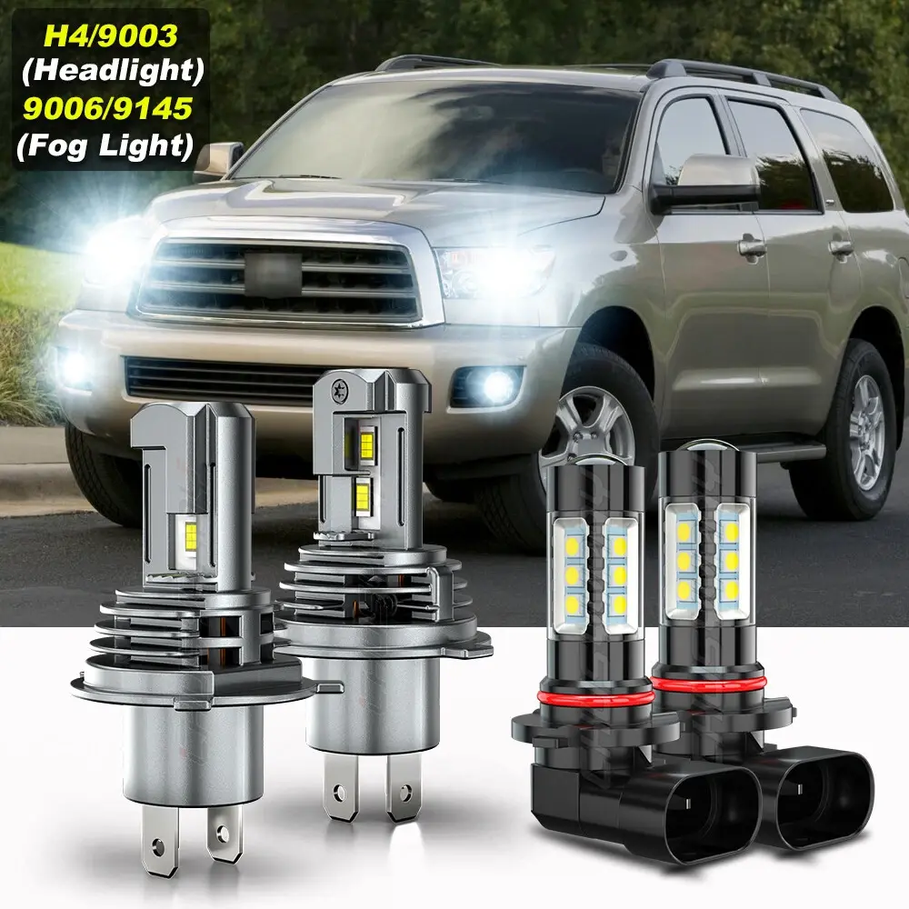 For Toyota Sequoia 2001 2002 2003 2004 2005 2006 2007 - 4X LED Headlights Hi/Lo 9003 + 9006 Fog Bulbs