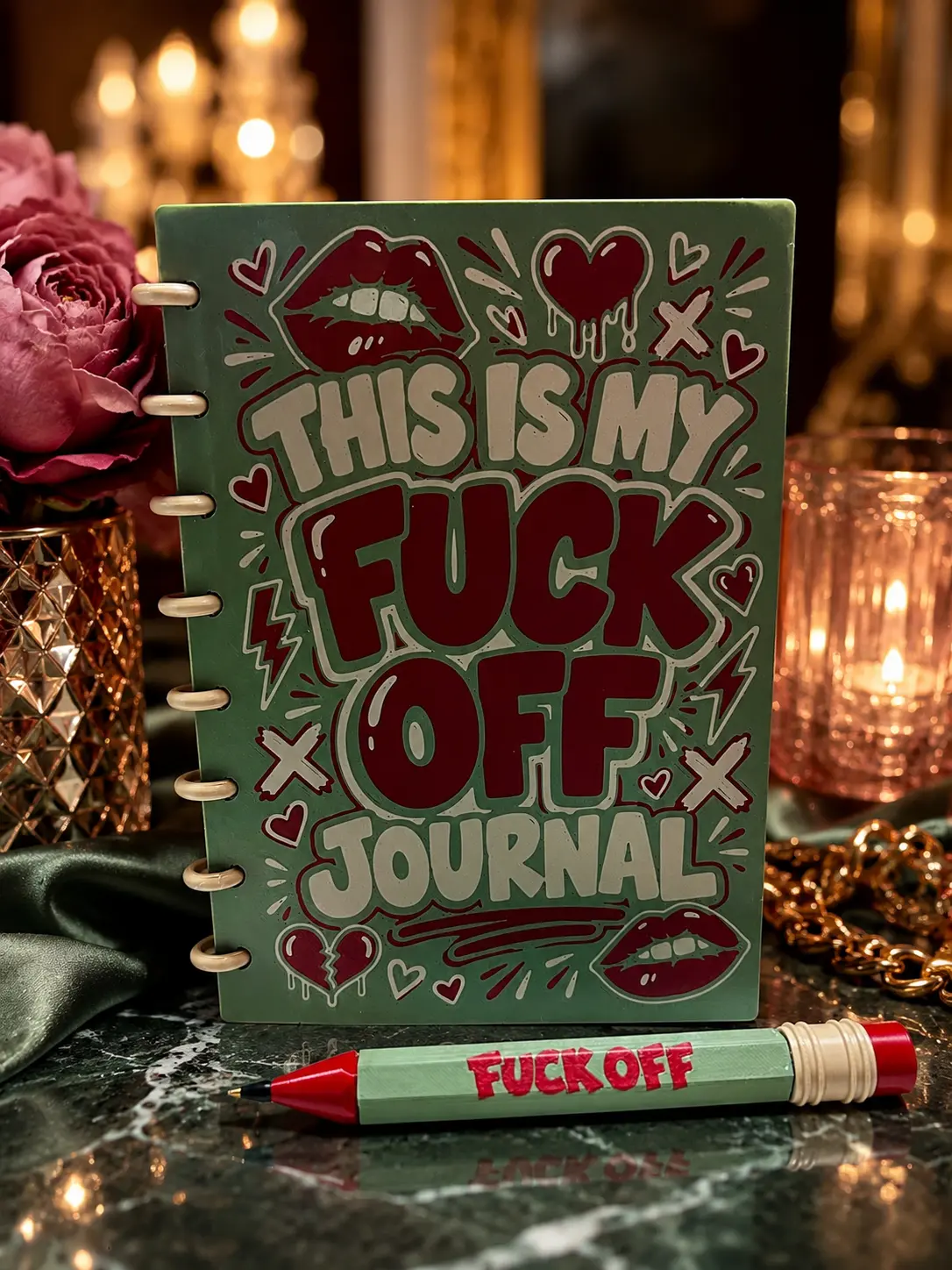 A5 3D Print Refillable "Fuck Off" Discbound Notebook & Matching Jumbo Pen Gift Set, Funny Adult Journal, Handmade Journaling Office Stationery