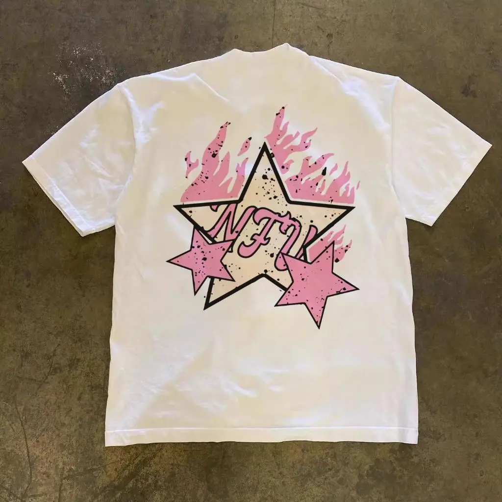 Korean Style Pink Star Graphic Oversized T-Shirt | Cream Unisex Streetwear Tee | 100% Cotton Short Sleeve Casual Shirt for Men & Women | Trendy Fashion Top | SKU mxtrplazvq