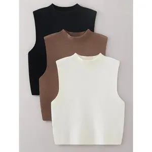 newarrivals Women's Solid Round Neck Sweater Vest, Casual Sleeveless Crew Neck Jumper Vest for Spring & Fall, Fashion Women's Knitwear for Daily Wear, Solid Color Vest, Knit Crop Top