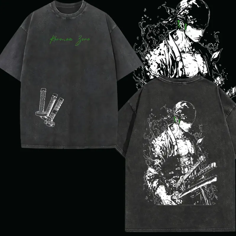 Anime T-shirt, Three Knife Style Shirt, Anime Pattern Printed Top, Retro Washed Streetwear, Green Aesthetic Design, Loose Unisex Set, Youth Spirit Series Retro Style Top