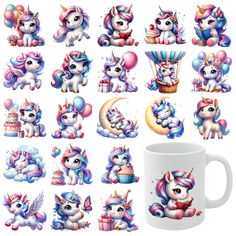 21 Pcs Cute Unicorn UV DTF Stickers Waterproof Rub on Transfers DIY Water Bottle Glass Glass DTF Transfer Stickers Mug Decoration Gift Suitable for 16 oz Glass clock
