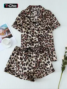 Women's Leopard Print Satin Pyjama Set, Casual Comfy Short Sleeve Pocket Shirt & Elastic Waist Shorts PJ Set, Ladies Summer Sleepwear Loungewear