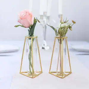 2-Pack Gold Metal Frame Bud Vases 6" Triangular Geometric Design - Test Tube Mini Wedding Centerpieces