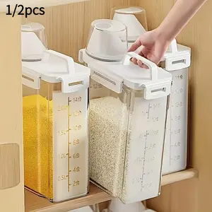 Transparent Airtight Food Storage Container with Measuring Cup & Scale Markings | Durable Plastic Grain Dispenser | Large Capacity Rice Bin for Flour, Cereal, Snacks & Dry Goods | Kitchen Pantry Organizer