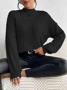 Women's Plain Mock Neck Long Sleeve Ribbed Tee, Casual Drop Shoulder Knitting T-shirt for Daily Wear, T Shirts for Women, Ladies Clothes for All Seasons, Top