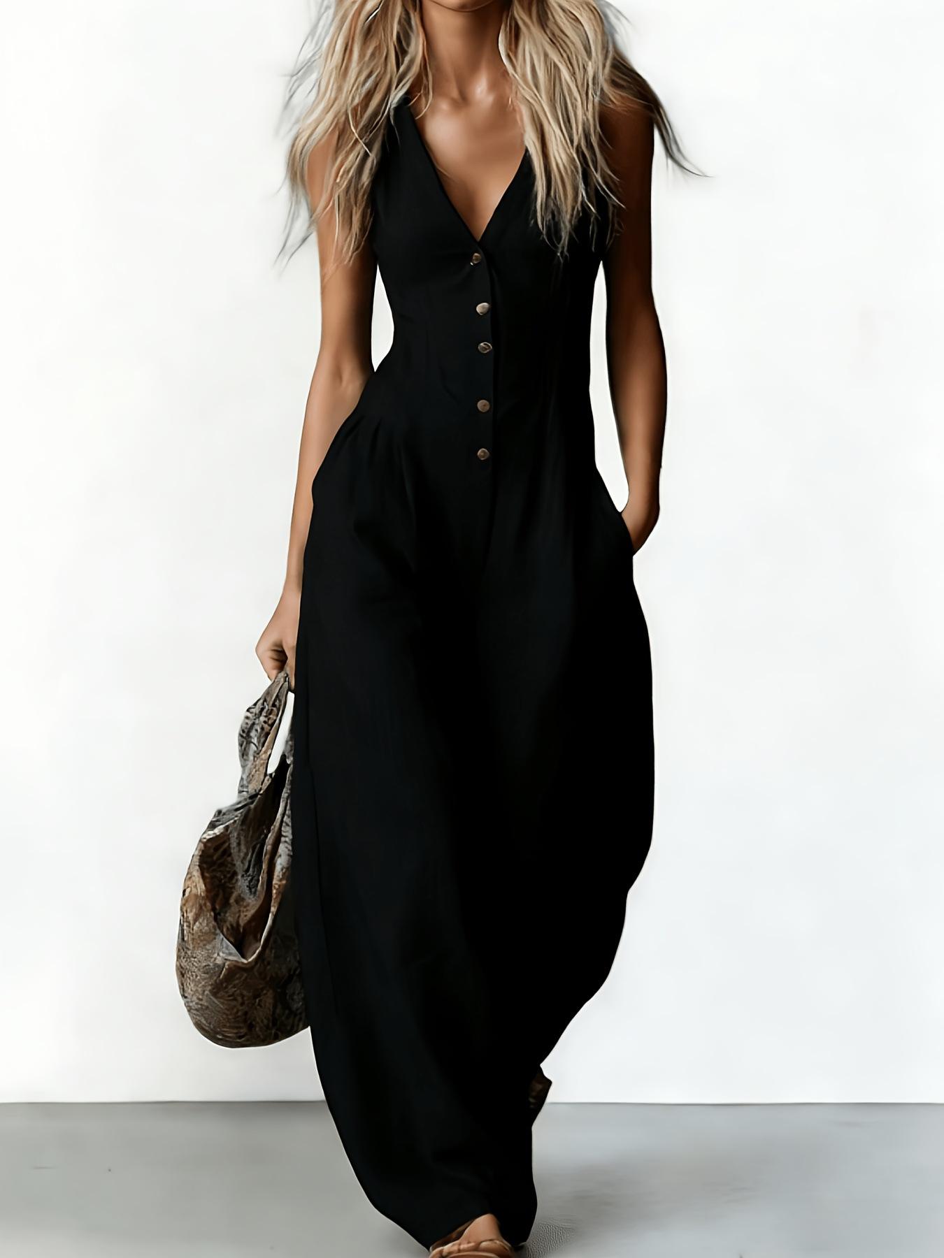Women's Linen-Look V-Neck Jumpsuit – Textured, Sleeveless, Commuter Style Women's Linen-Look V-Neck Jumpsuit – Textured, Sleeveless, Commuter Style