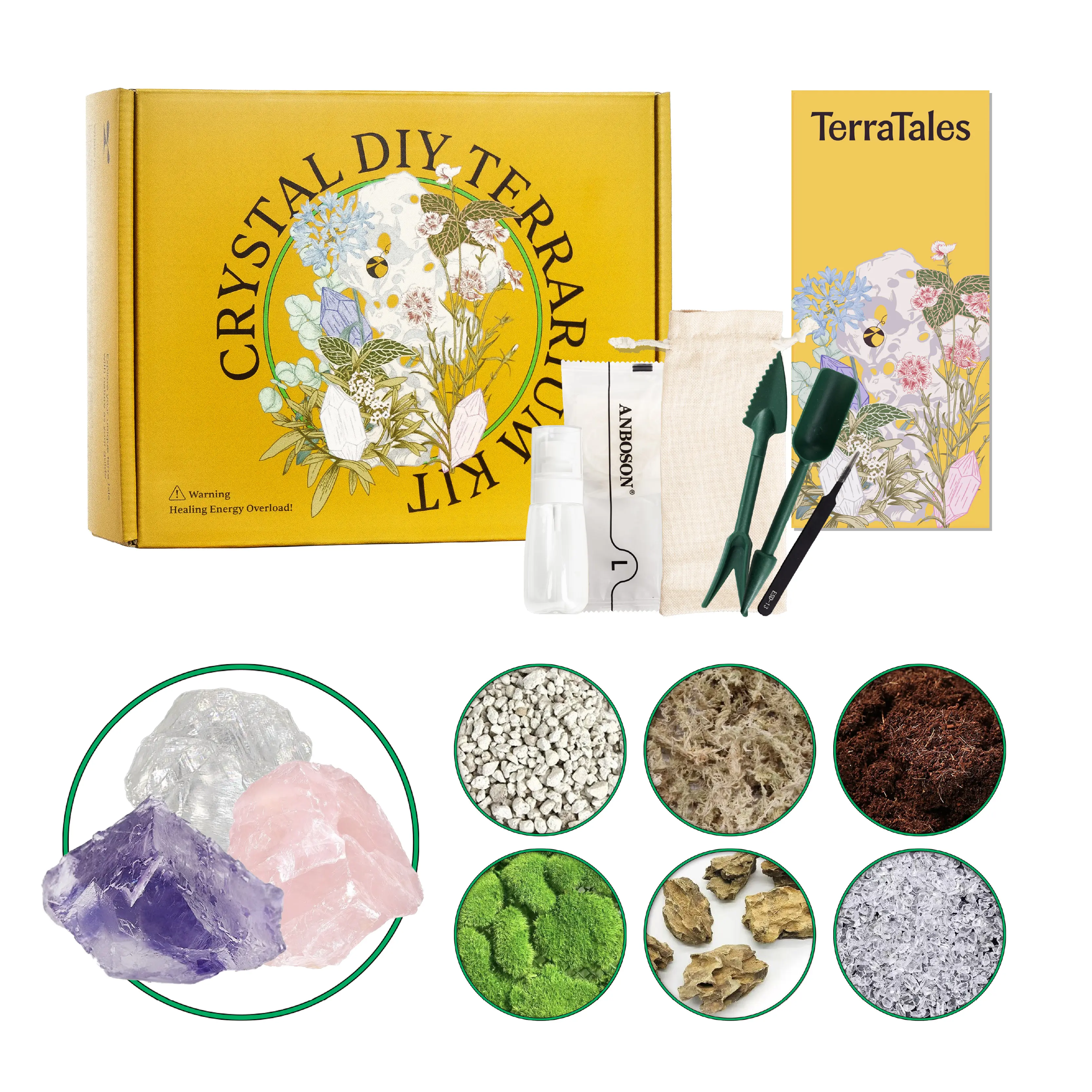 DIY Crystal Terrarium Kit All-In-One Starter with Preserved Moss Pumice Crystals Coconut Coir Gardening Tools & Decor Healing Gift for Relaxing Plants & Crystal Lovers Home & Desk Decor