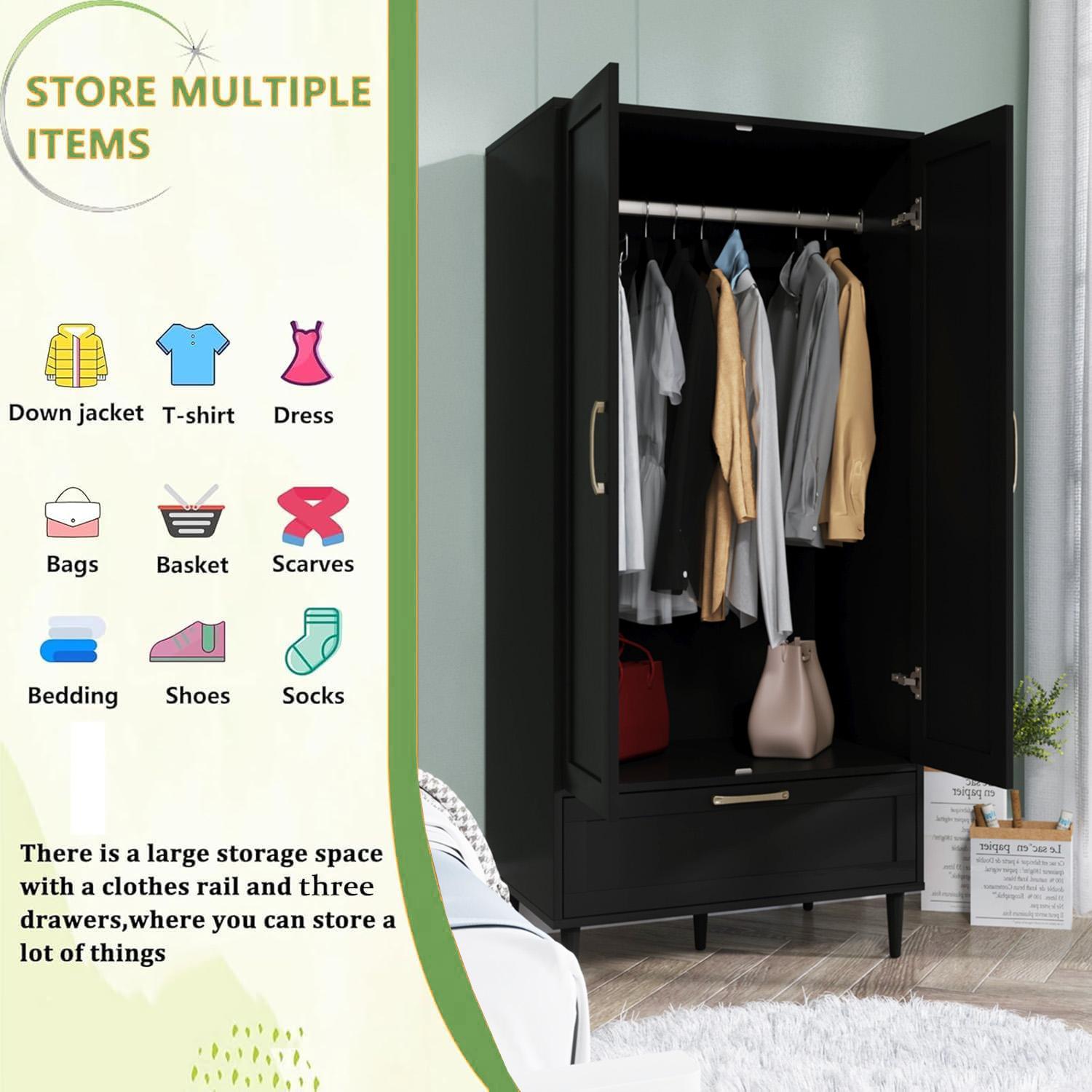 Wardrobe Closet With 2 Doors & Drawer Armoiresand Wardrobes With Shelves And Hanging Rail Freestanding Wooden Wardrobe Cabinet For Bedroom