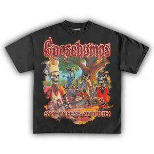 [SALE UP TO 45%] Goosebumps Say Cheese and Die Graphic Tee – Retro 90s Horror T-Shirt, Spooky Skeleton BBQ Print, Unisex Halloween Y2K Streetwear, Creepy Gift for Scary Story Lovers, Vintage Goosebumps Merch, Street Vibes Outfit for Horror Book Fans