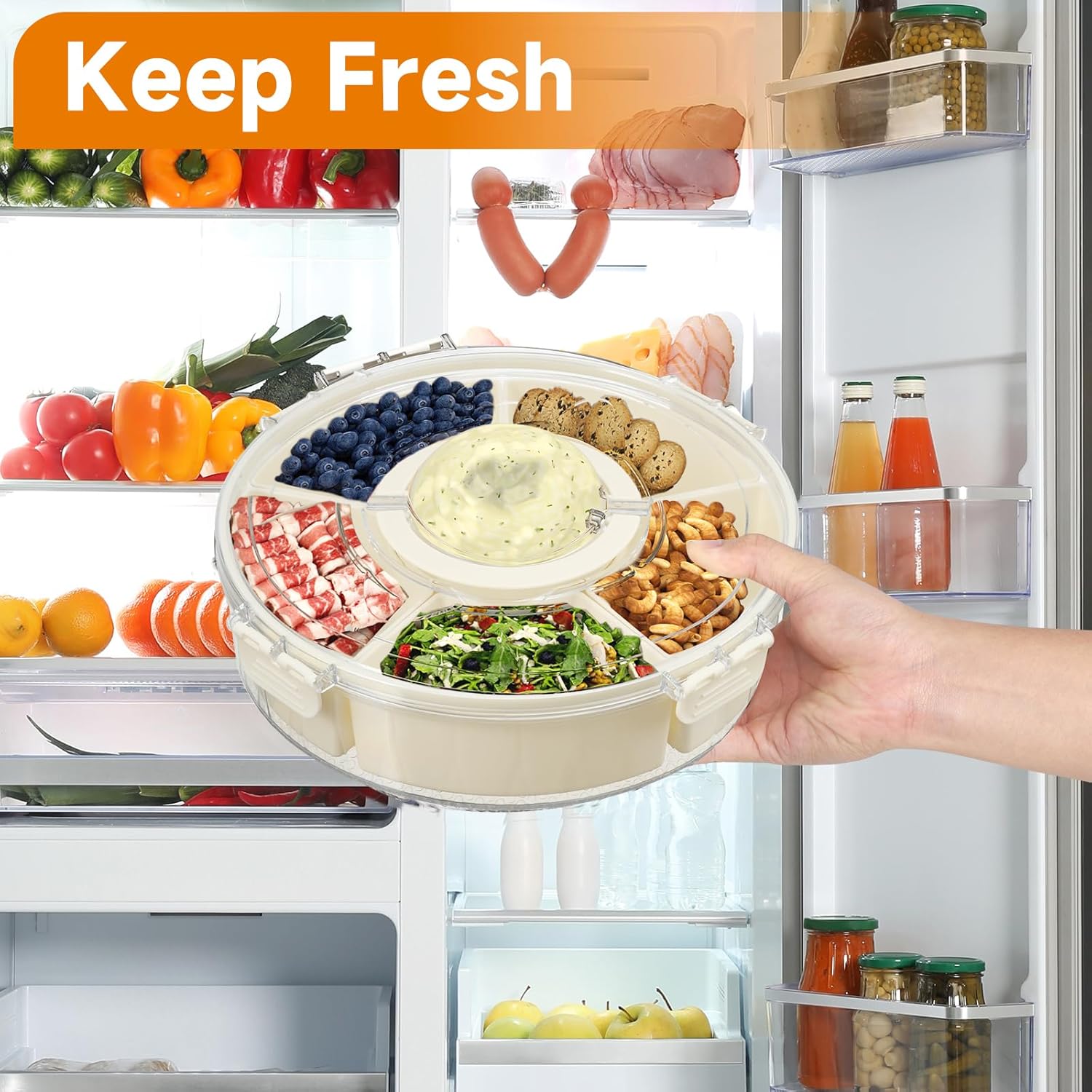 Divided Serving Tray with Lid and Handle 8-Piece Set Stackable Snack Box for Fruits Candy Organizer Portable Spinning Rounded Veggie Tray for Kitchen Party Travel Picnic Meal Prep Plate Snack Supplies