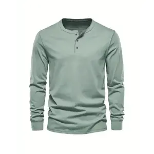 Men's Solid Henley Shirt, Casual Crew Neck Long Sleeve Buttoned Shirt For Spring Fall Outdoor Activities