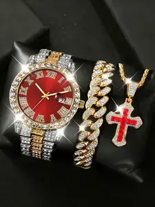 Men's Luxury Jewelry Watch Set with Alloy Strap, Quartz Watch, Bracelet & Cross Pendant Necklace, Ideal Gift for Valentine's Day, Father's Day, Birthday