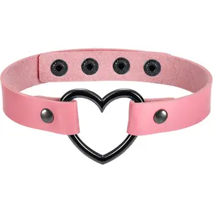2 count Punk Heart Charm Leather  Choker Necklace Adjustable 13"- 15.7"