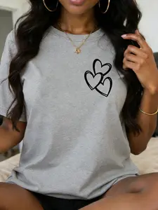 Women's Crew Neck Short Sleeve T Shirt with Left Chest Hand Drawn Overlapping Hearts Minimalist Graphic Print Casual Relaxed Loose Fit Soft Breathable Cotton Blend Skin Friendly Machine Washable No Shrink Fade Resistant Versatile for Commute Daily Wear
