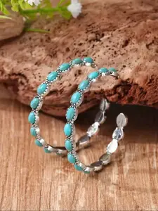 Turquoise Decor Open Hoop Earrings, Boho Style Plain Design, Alloy Chain Material, All Seasons Jewelry, No Choking Hazard Warning