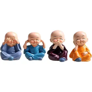 4PCS Eco-Friendly Resin Kung Fu Monk Statues - Cute Miniature Religious Buddha Figurines, Wise Collectible Sculptures, Zen Craft Ornaments for Home Desktop Decor, Evil Protection Gift (A, Resin Figures)