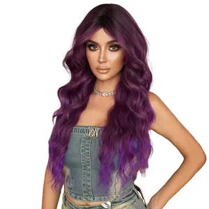 Monet purple wig with gradient long curly hair for women, big waves, bangs, naturally fluffy, realistic full headpiece v part human