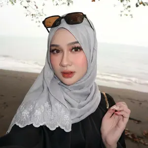 2026 New Arrival Middle East Floral Embroidered Muslim Women Soft Chiffon Hijab Shawl