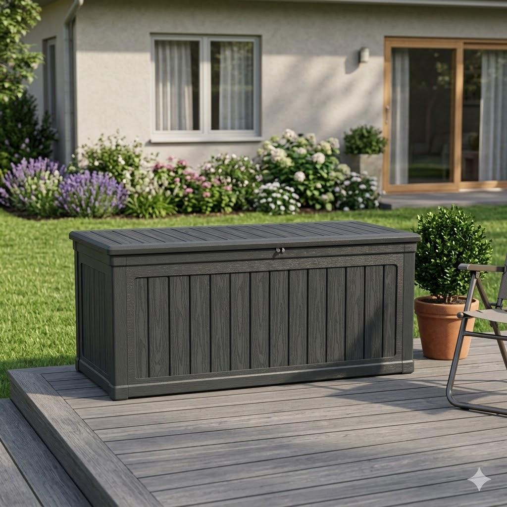 260 Gallon Outdoor Storage Deck Box with Seating Heavy Duty Waterproof Resin Bench for Patio Garden Backyard Poolside Organization Lockable Lid Easy Lift Wood Look Black Storage