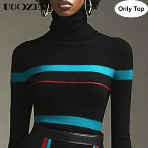 UOOZEE Women's Contrast Color Striped Turtleneck Sweater(Only Top) New Autumn and Winter Fashion Skinny Long Sleeves Pullovers Shirt Top, Ideal for Office Days, Dinner Dates & Urban Street (Sizing Runs Small - Check Size Guide or Order Larger)