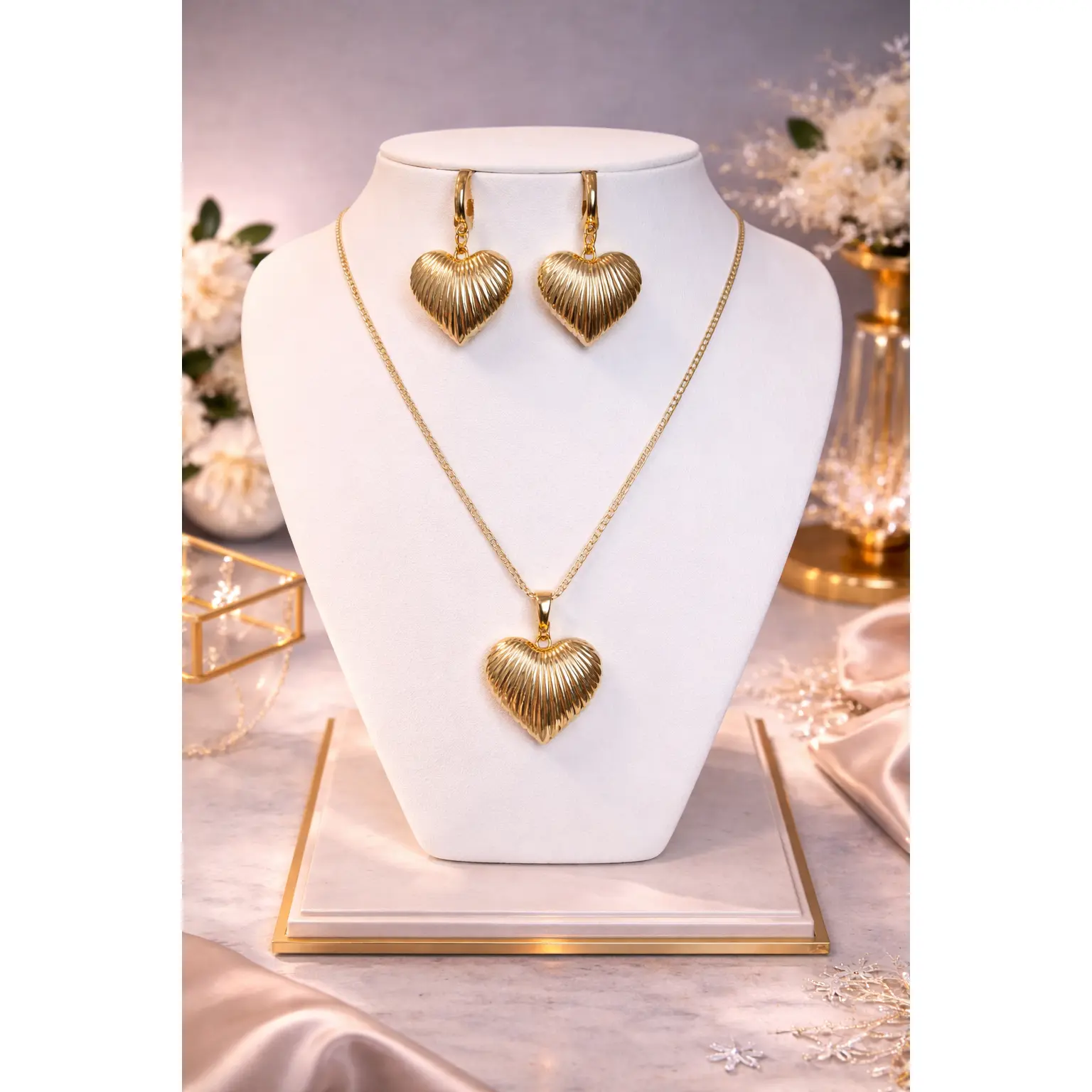 14K Gold Plated XP Ribbed Heart Jewelry Set