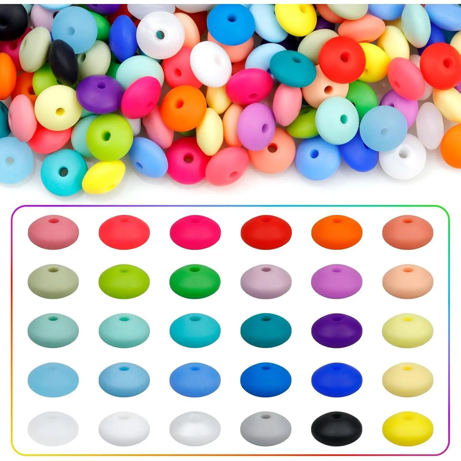 P-HDJ026   180PCS  Silicone Lentil Beads,12mm 30 Colors Silicone Abacus Beads Bulk Loose Spacer Jewelry Beads Colorful DIY Lanyard Beads for Making Necklace Keychain Accessories