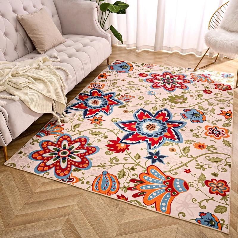 YJ.GWL Vintage Area Rugs Soft Fluffy Floral Rug Carpet for Bedroom Indoor Living Room Home Decor, 4x6ft/5x7ft Light Camel