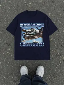 Men's Regular Bombardino Crocodile T-Shirt, Italian Brainrot Surrealist Shirt, Funny Crocodile Airplane Pattern T-Shirt QHU