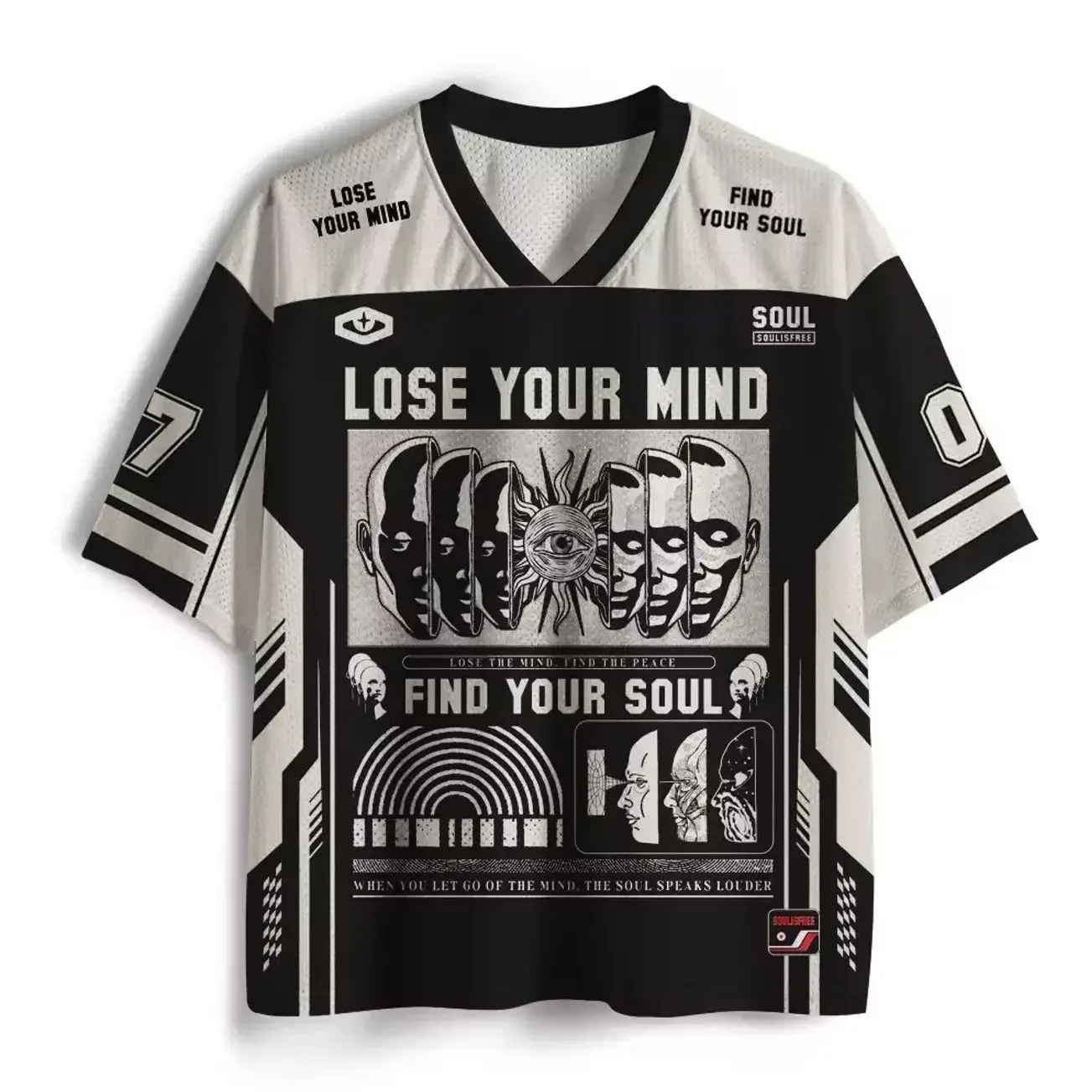 Lose Mind, Find Soul Mesh Jersey, Inspirational Graphic Sports Shirt, Y2K Streetwear Mesh Top, Mindfulness and Spiritual Statement Design, Breathable Oversized Unisex Jersey, Trendy Casual Summer Shirt for Men & Women I2T