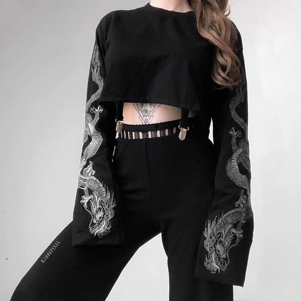 Gothic Punk Dragon Hoodis Cropped Black Sweatshirts Streetwear Long Sleeve Crewneck Blouse Pull
