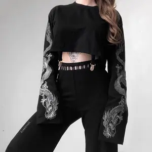 Gothic Punk Dragon Hoodis Cropped Black Sweatshirts Streetwear Long Sleeve Crewneck Blouse Pull