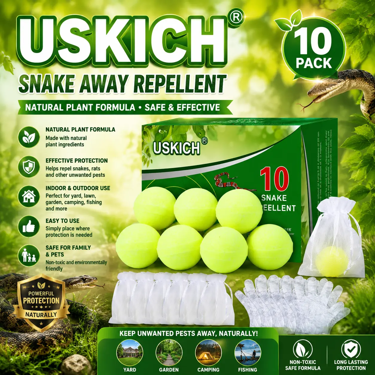 USKICH 10-Pack Snake Repellent Balls for Indoor and Outdoor Use – Natural Plant-Based Pest Control for Yards, Lawns, Gardens, and Campsites