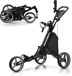 Golf Push Pull Cart, Lightweight Aluminum Collapsible 3 Wheels Push Cart, Golf Trolley with Elastic Strap, Umbrella & Cup Holder, Scoreboard Storage & Foot Brake, Golf Cart