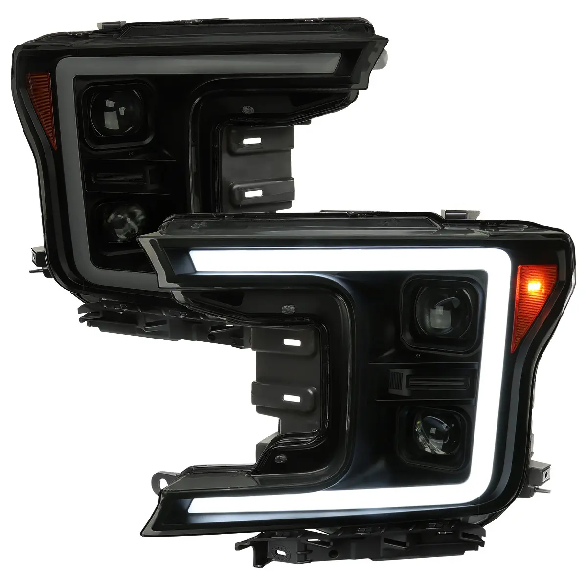 2018-2020 Ford F-150 LED C-Bar Projector Headlights w/ Switchback Sequential Turn Signal Lights (Matte Black Housing / Smoked Lens)