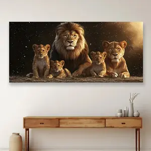 2D Flat Extra Large Frameless Majestic Lion Family Canvas Art Print Modern Wall Decor Vibrant Sunset Mountain Peak Scene For Living Room & Bedroom Canvas Poster Lion Wall Decor