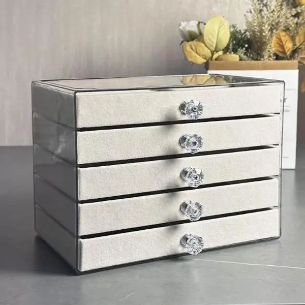 5-Layer Square Acrylic Jewelry Box Organizer - Compartmentalized, Dustproof, Durable Storage with Velvet-Lined Drawers for Rings, Necklaces, Earrings, Transparent Modern Design