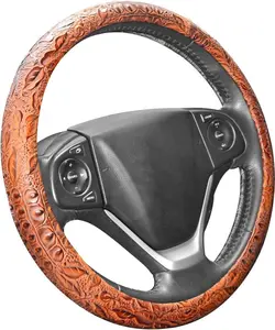 Steering Wheel Cover Universal 15 inch Auto Antislip Leather Protector Flower Grain Brown