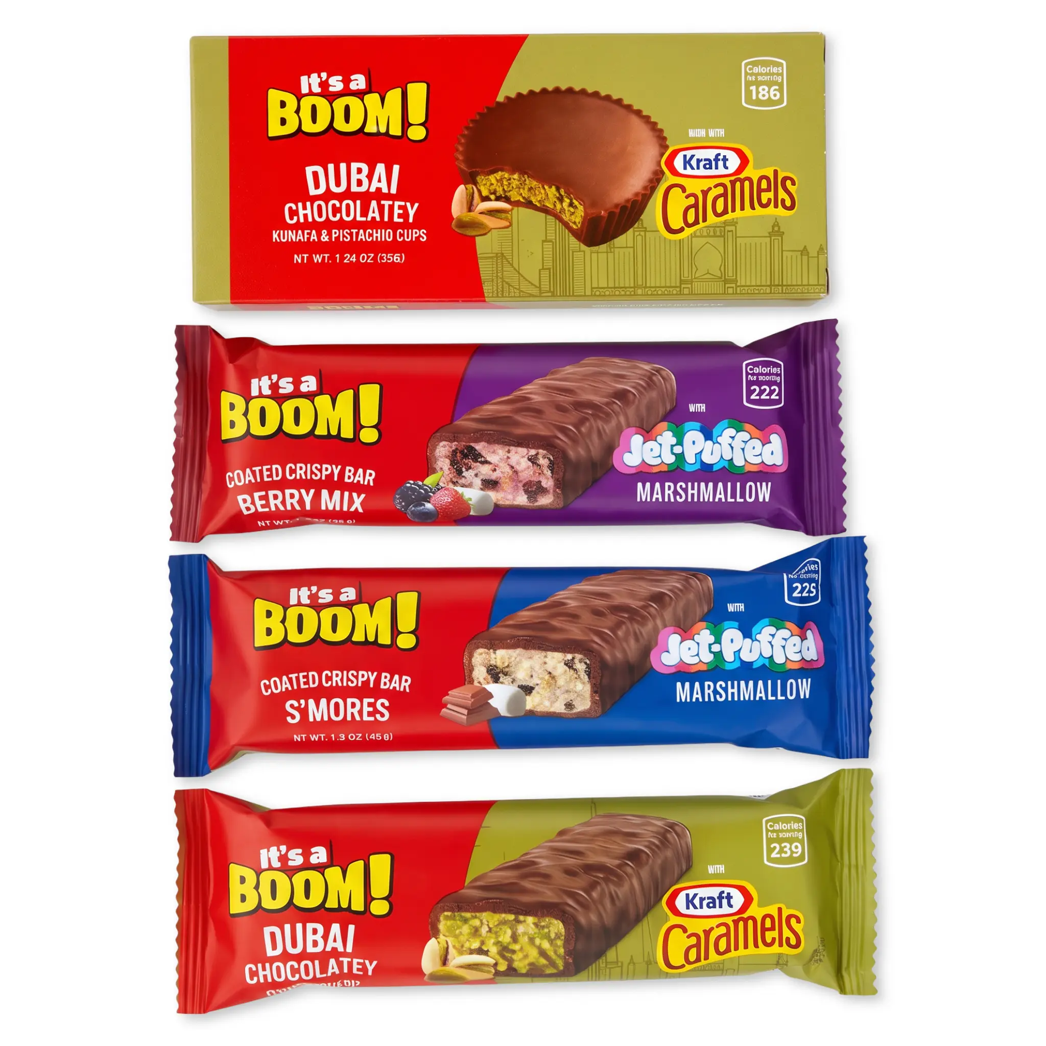 It's a Boom! Egyptian Chocolate & Candy Sampler | S'mores, Berry Mix & Dubai Kunafa Pistachio | 4 Piece Variety Pack