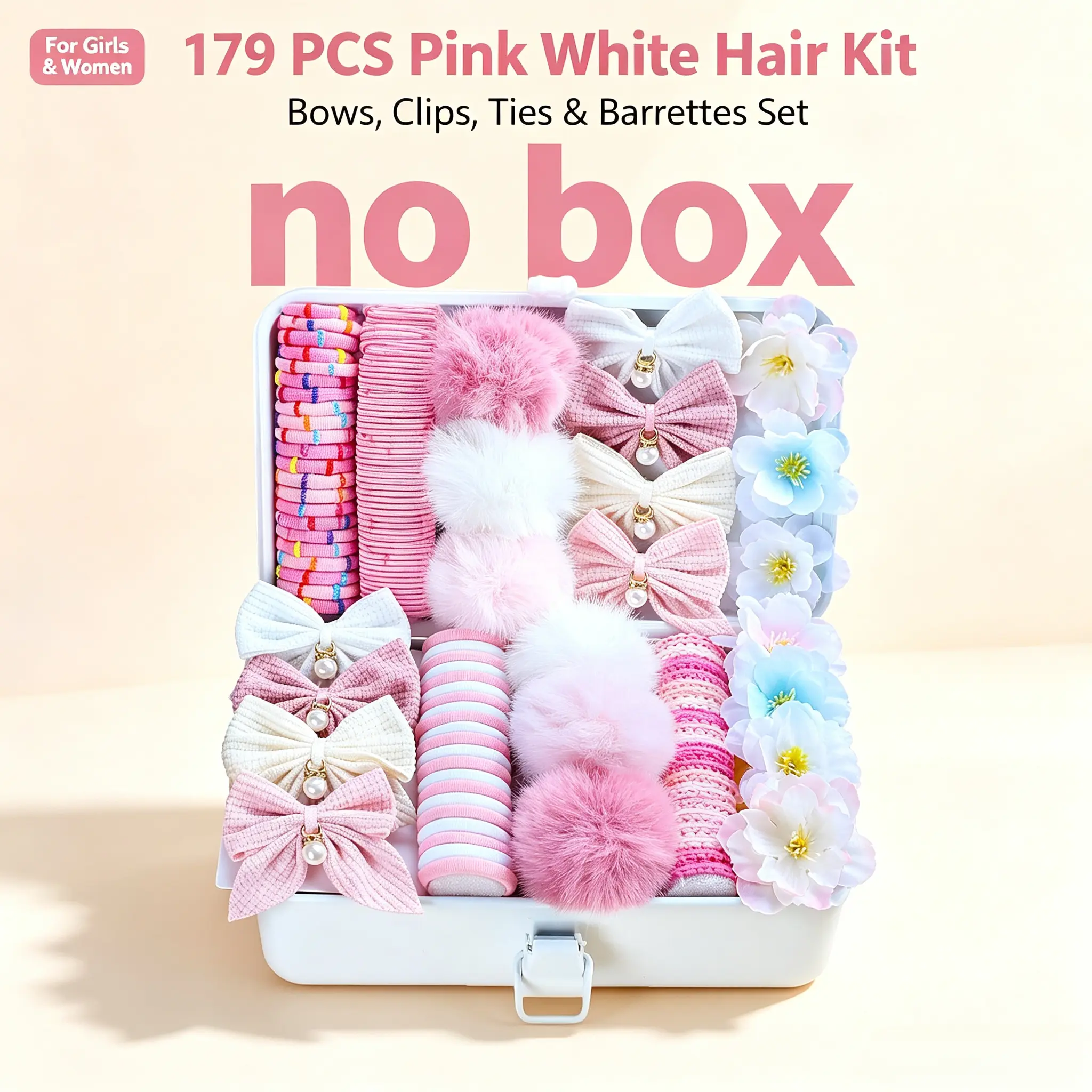 179Pcs Bulk Girls Hair Accessories Set No Box Pink White Mini Elastic Hair Ties Bow Flower Hair Clips Cute Barrettes Multi-Style Decor For Daily School Birthday Holiday Gift For Little Girls Teens Women（no box）