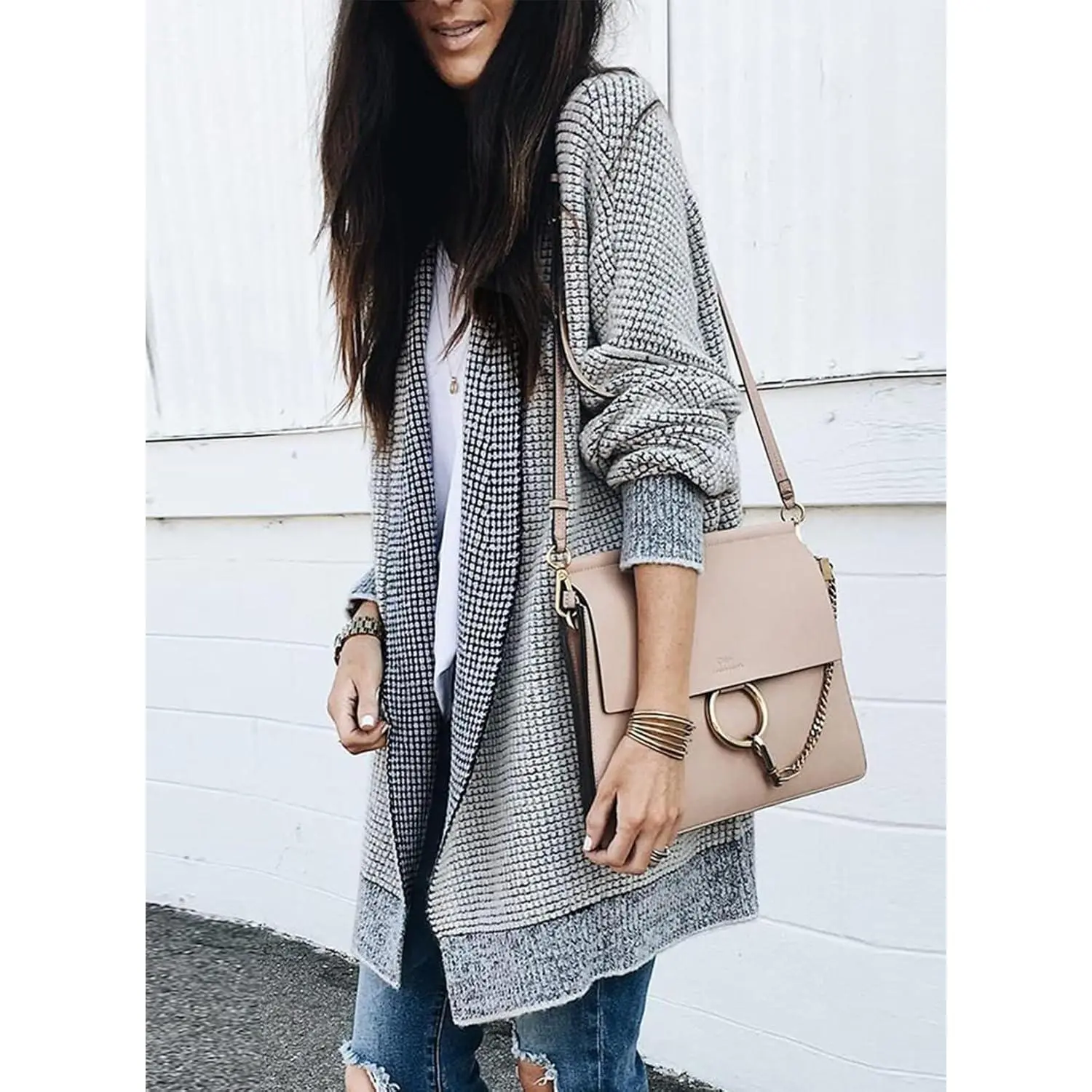 Women's Oversized Checkered Cardigan, Chunky Knit Open Front Sweater Coat with Long Batwing Sleeves - Casual Outdoor Style, Leggings, Polyester