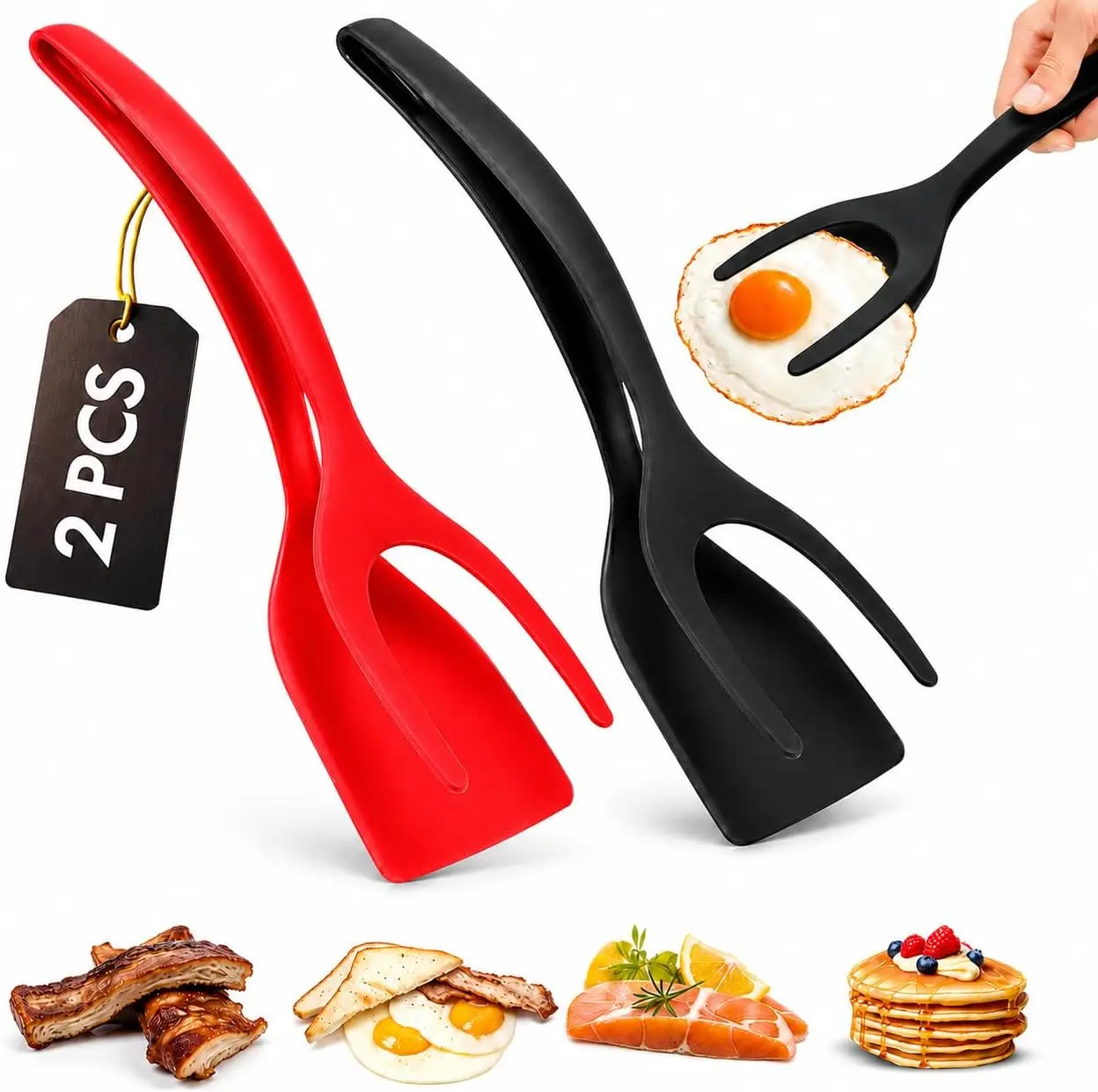 Egg Flipper Spatula Tongs (Set of 2) – Non-Stick 2-in-1 Grip & Flip Kitchen Tongs for Pancakes, Fish, Eggs, and More – Heat Resistant Cooking Tool (Black + Red)