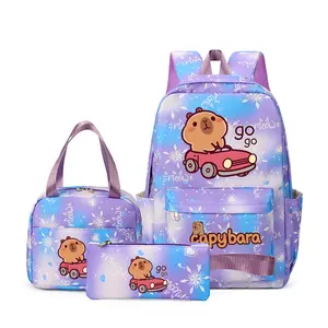 3pc Snowflake Backpack Set, School Backpacks, Cute Capybara Pattern, Multiple Colors, Multifunctional, Durable Material, Includes Lunch Bag and Pencil Case